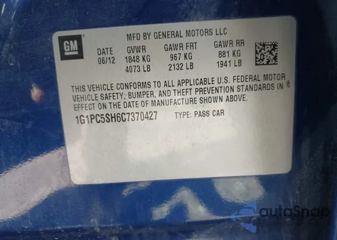 2012 Chevrolet Cruze Ls from USA, damaged, VIN 1G1PC5SH6C7370427